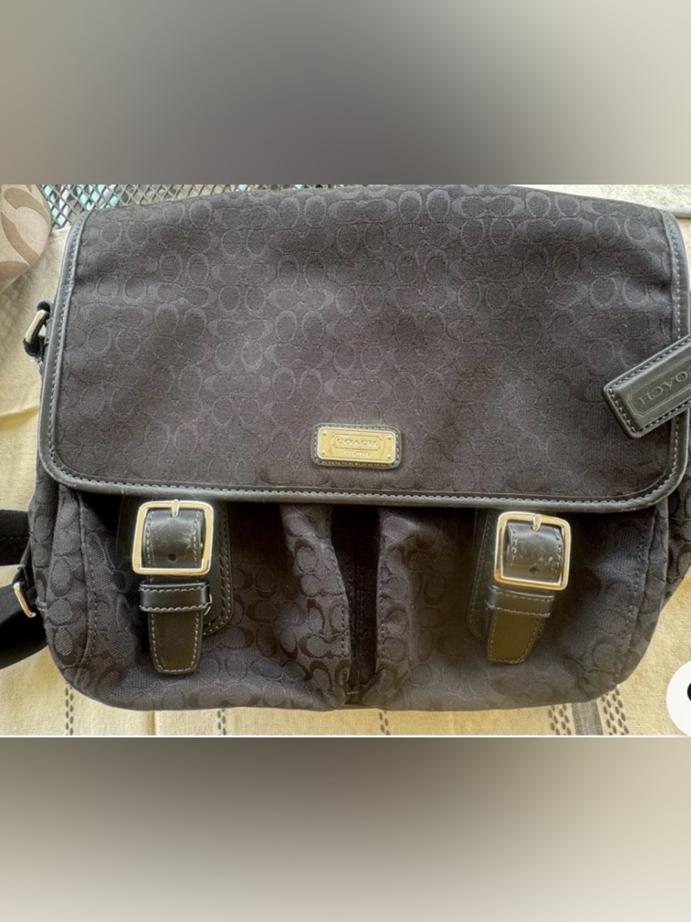 Coach Black Signature Canvas Messenger Bag with Gold Hardware
